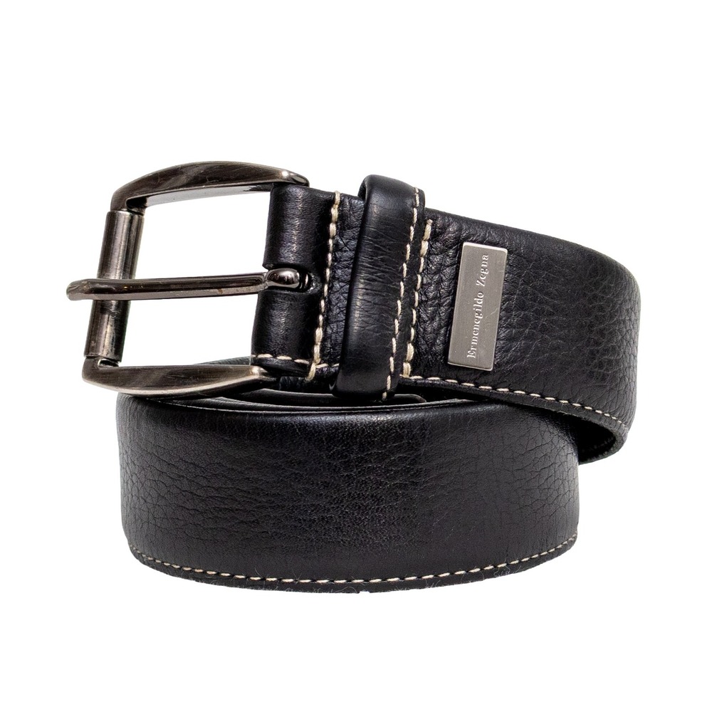 Ermenegildo Zegna Mens Black Pebble Grain Leather Belt Made in Italy Size 36 38